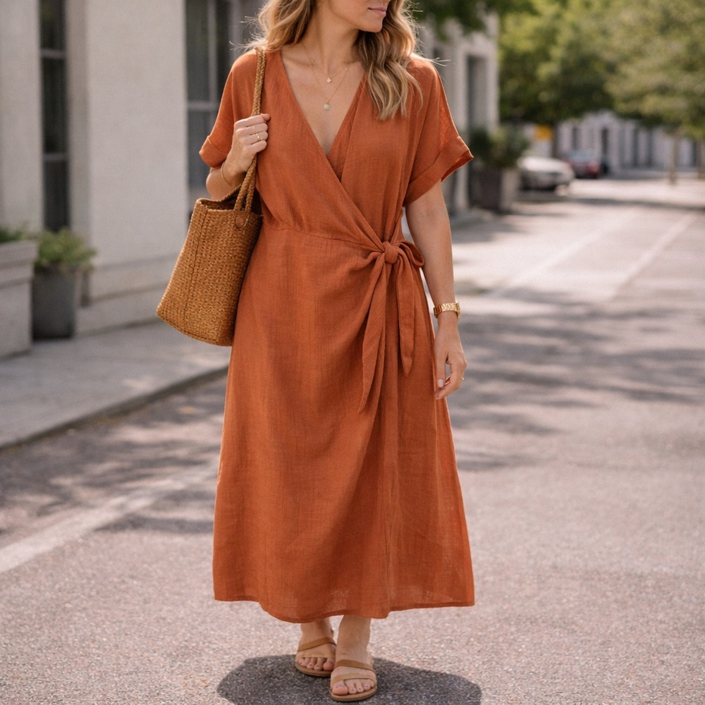 ABLE Rust Wrap Midi‎ Dress Cotton Gauze Mediterranean Minimalist Small